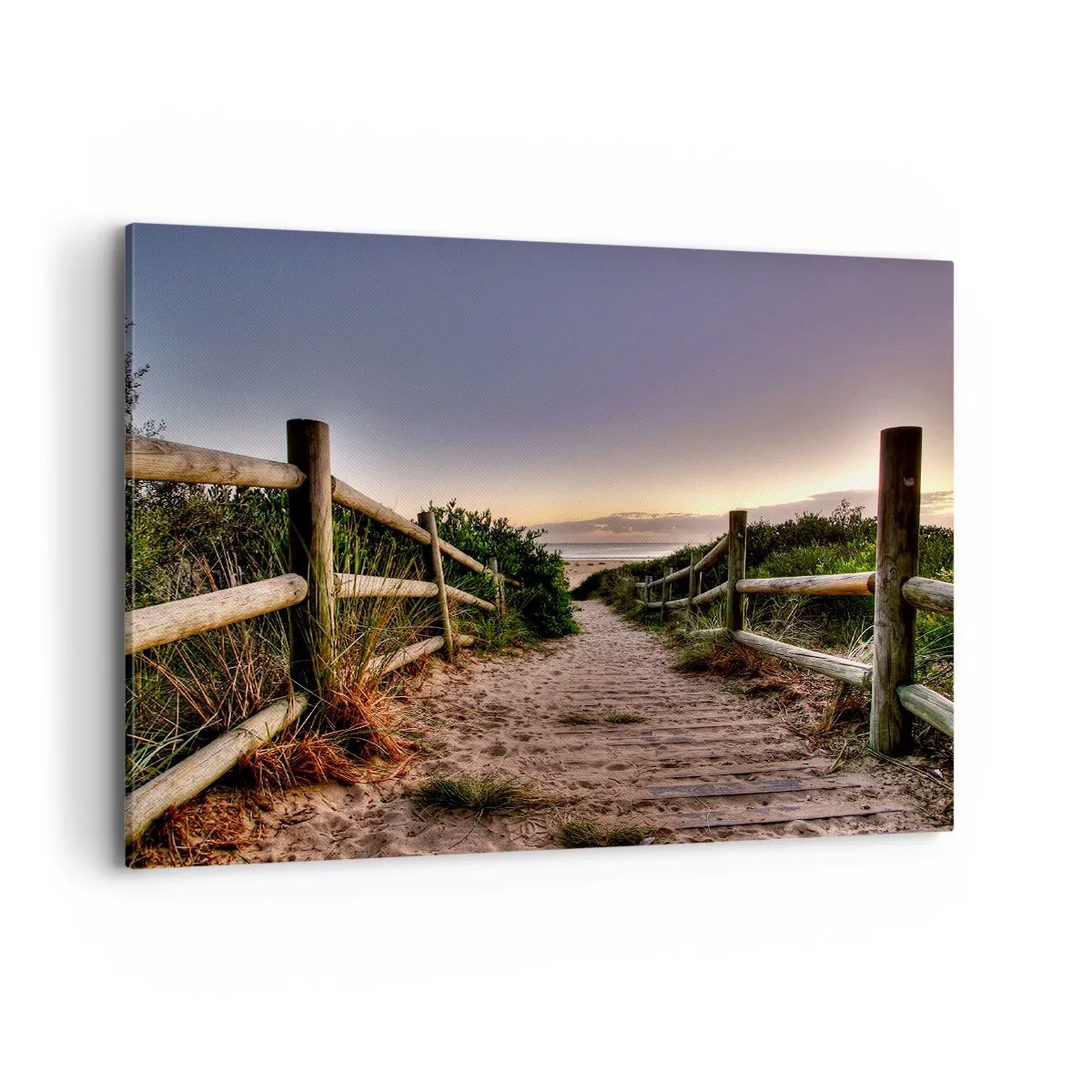 Bild auf Leinwand - Leinwandbild - Holzweg in den Dünen, der bei Sonnenuntergang zum Strand führt - 100x70cm - Das Ziel ist bereits sichtbar - Moderne Wanddekoration für Wohnzimmer und Schlafzimmer ARTTOR