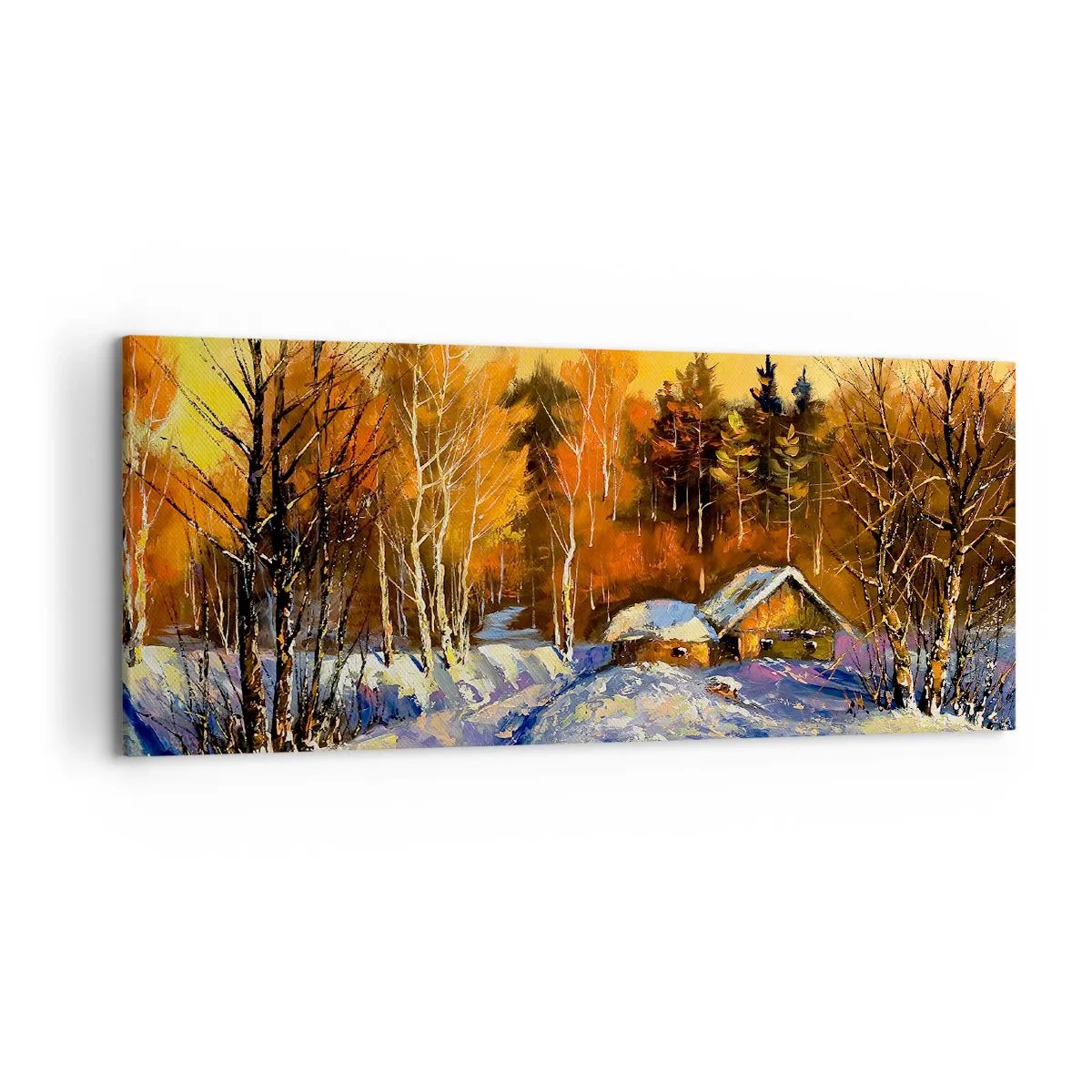 Bild auf Leinwand - Leinwandbild - Winterlandschaft mit einem Haus im Licht der untergehenden Sonne - 120x50cm - Wintereindruck in der Sonne - Moderne Wanddekoration für Wohnzimmer und Schlafzimmer ARTTOR