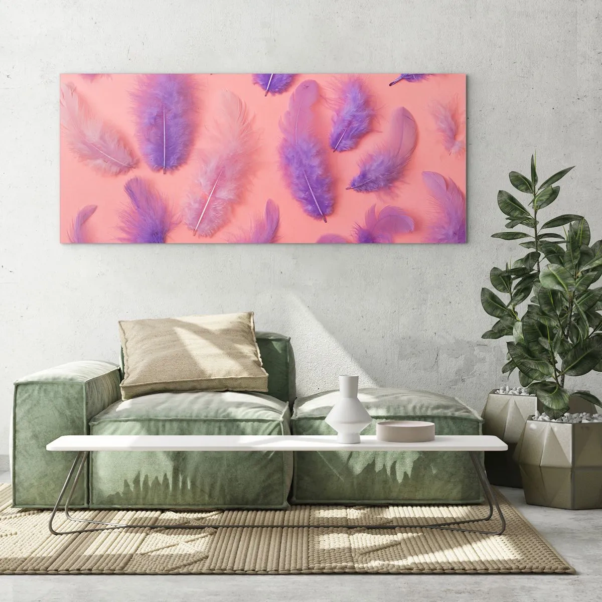 Glasbild - Bild auf glas - Lila und rosa Federn auf pastellfarbenem Hintergrund - 140x50cm - Lila Vogel der Begierde - Moderne Wanddekoration für Wohnzimmer und Schlafzimmer ARTTOR