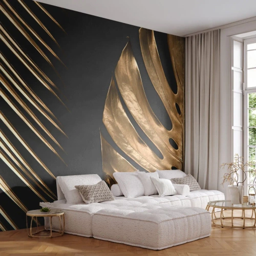 Fototapete Premium Sand - Goldene tropische Blätter auf schwarzem Hintergrund - 100x70cm - Anders und genauso teuer - Moderne Wanddekoration für Wohnzimmer und Schlafzimmer ARTTOR