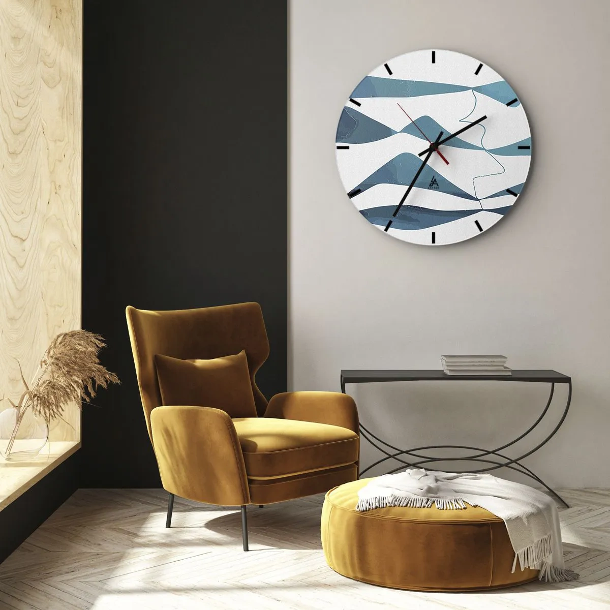 Wanduhr - Glasuhr - Abstrakte Wellen und Linien auf weißem Hintergrund in Türkistönen - 30x30cm - Abstraktion: türkisfarbene Verbindung - Moderne Wanddekoration für Wohnzimmer, Küche und Schlafzimmer ARTTOR