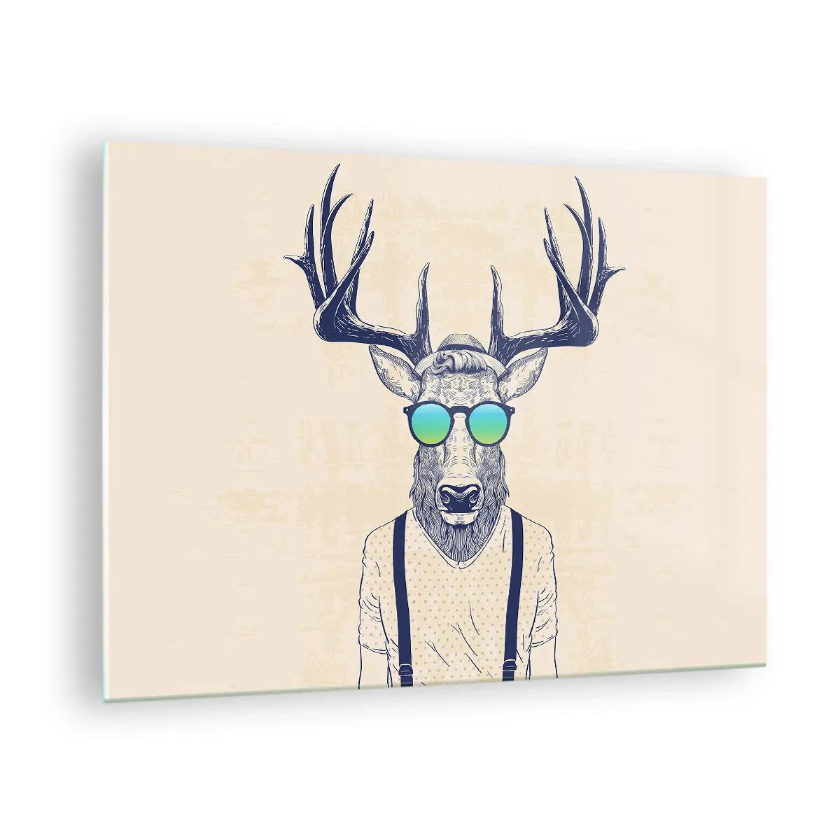 Glasbild - Bild auf glas - Ein eleganter Hirsch mit Sonnenbrille auf hellem Hintergrund - 70x50cm - Wen hast du erwartet? - Moderne Wanddekoration für Wohnzimmer und Schlafzimmer ARTTOR