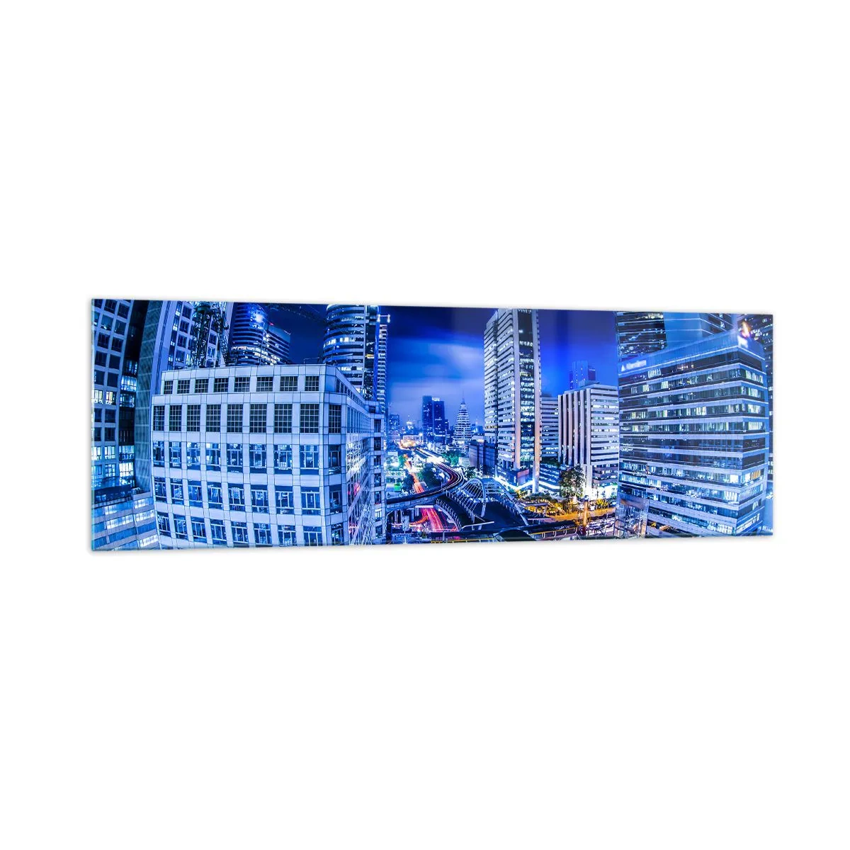 Glasbild - Bild auf glas - Nachtstadtpanorama mit Wolkenkratzern und Straßenlaternen - 160x50cm - Rhythmen der Nachtstadt - Moderne Wanddekoration für Wohnzimmer und Schlafzimmer ARTTOR