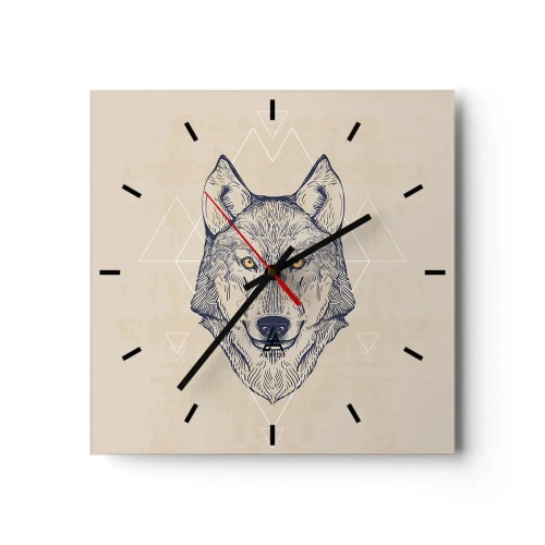 Wanduhr - Glasuhr - Ein geometrischer Wolf auf hellem Hintergrund mit minimalistischen Mustern. - 30x30cm - Ein Alpha mit durchdringendem Blick - Moderne Wanddekoration für Wohnzimmer und Schlafzimmer ARTTOR