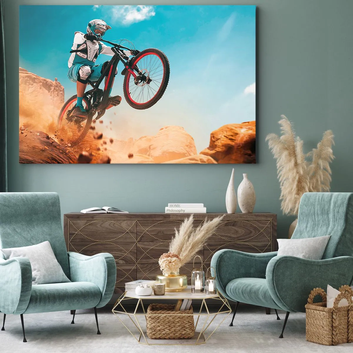Bild auf Leinwand - Leinwandbild - Ein Mountainbiker macht einen Sprung vor einer Felskulisse - 120x80cm - Fahrrad-Wahnsinn-Dämon - Moderne Wanddekoration für Wohnzimmer und Schlafzimmer ARTTOR