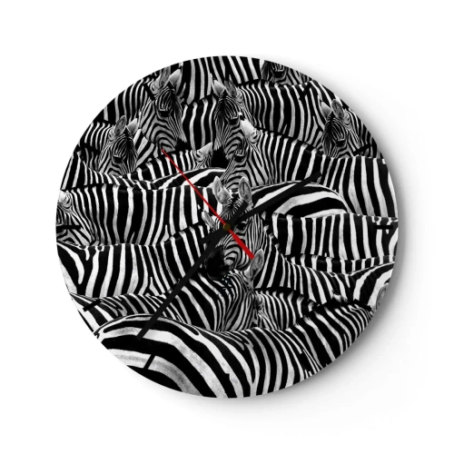 Wanduhr - Glasuhr - Eine Herde Zebras in einer Schwarz-Weiß-Komposition - 30x30cm - Gestreiftes Gruppenportrait - Moderne Wanddekoration für Wohnzimmer, Küche und Schlafzimmer ARTTOR