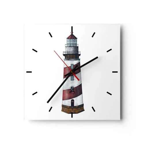 Wanduhr - Glasuhr - Ein Cartoonbild eines Leuchtturms mit roten und weißen Streifen auf minimalistischem Hintergrund. - 30x30cm - Immer auf der Hut - Moderne Wanddekoration für Wohnzimmer und Schlafzimmer ARTTOR