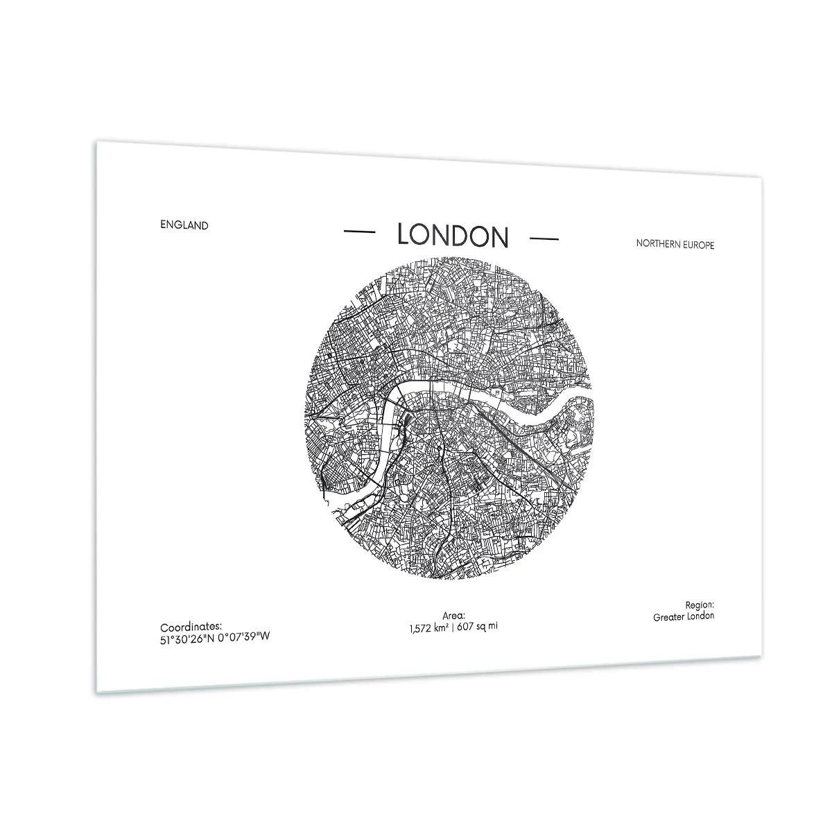 Glasbild - Bild auf glas - Eine detaillierte Karte von London im grafischen Schwarz-Weiß-Stil. - 100x70cm - Anatomie von London - Moderne Wanddekoration für Wohnzimmer und Schlafzimmer ARTTOR
