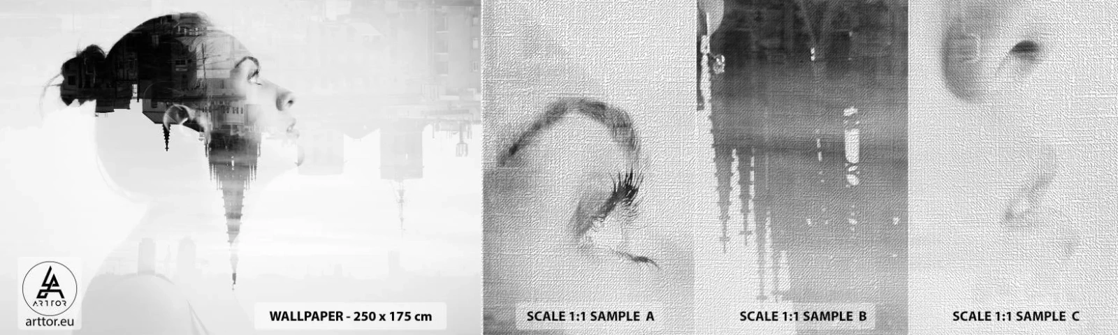 Fototapeten Muster Premium Canvas - Auf beiden Seiten des Glases - Abstraktion, Das Gesicht einer Frau, Die Architektur - 100x30 cm