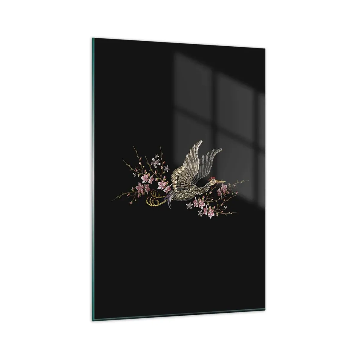 Glasbild - Bild auf glas - Ein Vogel im Flug mit Blumen auf schwarzem Hintergrund - 80x120cm - Exotischer gestickter Vogel - Moderne Wanddekoration für Wohnzimmer und Schlafzimmer ARTTOR
