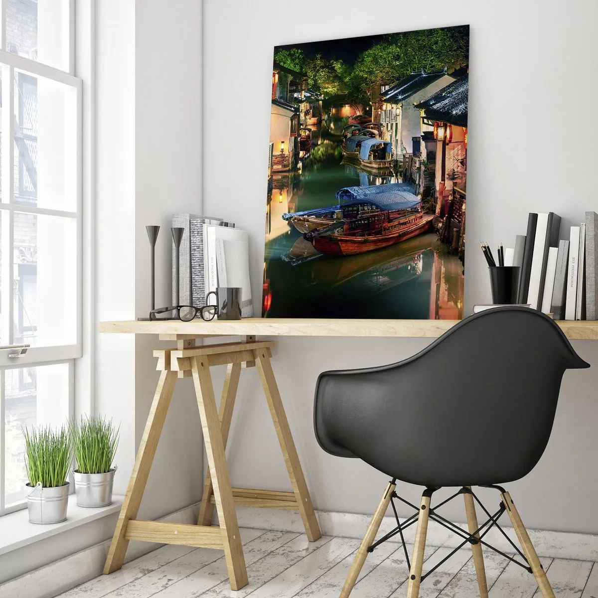 Glasbild - Bild auf glas - Chinesische Straße bei Nacht mit Booten und Lichtern entlang des Kanals - 50x70cm - Ein Abend auf einer chinesischen Straße - Moderne Wanddekoration für Wohnzimmer und Schlafzimmer ARTTOR