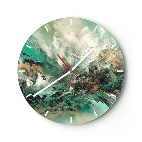 Wanduhr - Glasuhr - Dynamische Abstraktion in Grün, Weiß und Gold - 30x30cm - Smaragdgrüne und schwarze Brandung - Moderne Wanddekoration für Wohnzimmer, Küche und Schlafzimmer ARTTOR