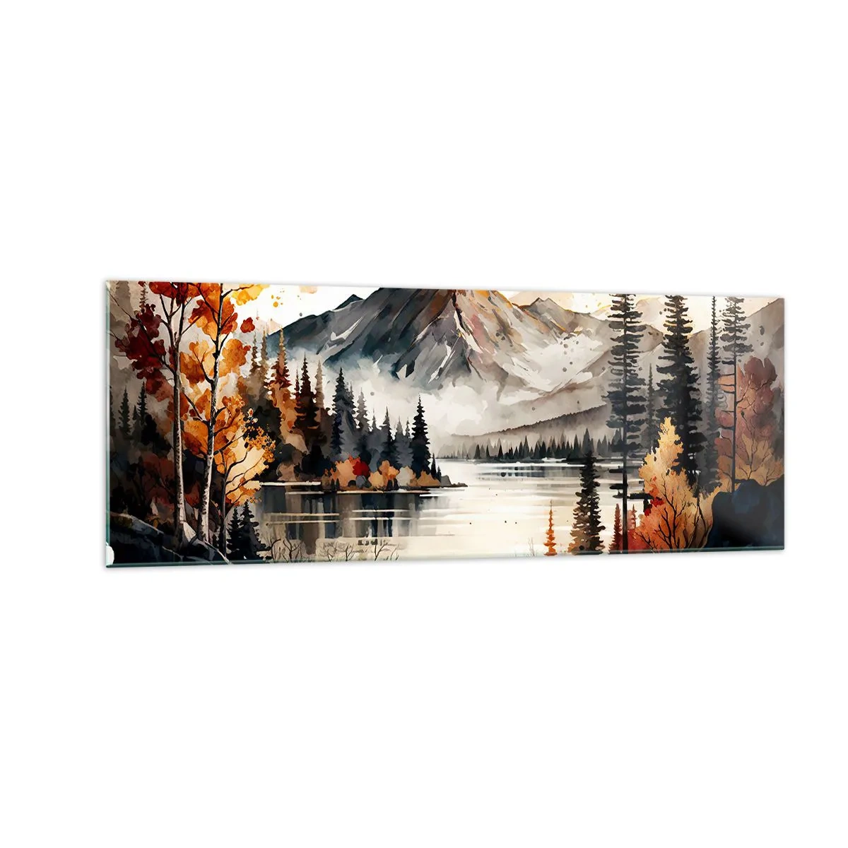 Glasbild - Bild auf glas - Herbstliche Berglandschaft mit See und Bäumen in Aquarell - 140x50cm - Goldener Herbst in den Bergen - Moderne Wanddekoration für Wohnzimmer und Schlafzimmer ARTTOR