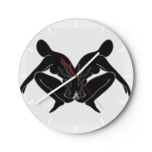 Wanduhr - Glasuhr - Symmetrische Figuren in Schwarz bilden auf hellem Hintergrund ein Herz mit Feuer in der Mitte. - 30x30cm - Gemeinsame Seele - Moderne Wanddekoration für Wohnzimmer, Küche und Schlafzimmer ARTTOR