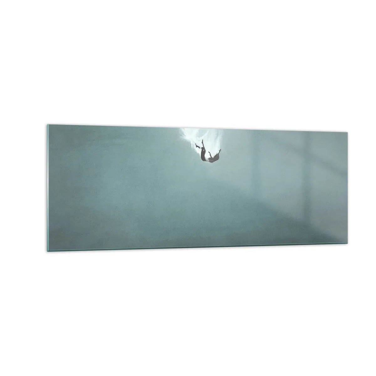 Glasbild - Bild auf glas - Eine Figur, eingetaucht in tiefes, türkisfarbenes Wasser - 140x50cm - In den Armen des Ozeans - Moderne Wanddekoration für Wohnzimmer und Schlafzimmer ARTTOR