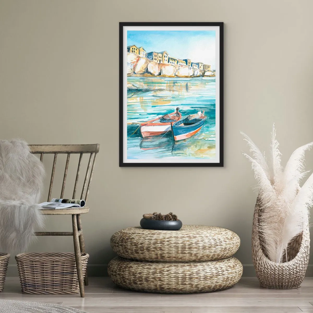 Poster in einem schwarzem Rahmen - Aquarelllandschaft mit Booten auf dem Wasser und einer Küstenstadt - 50x70cm - Landschaft in Azurblau - Moderne Wanddekoration für Wohnzimmer und Schlafzimmer ARTTOR