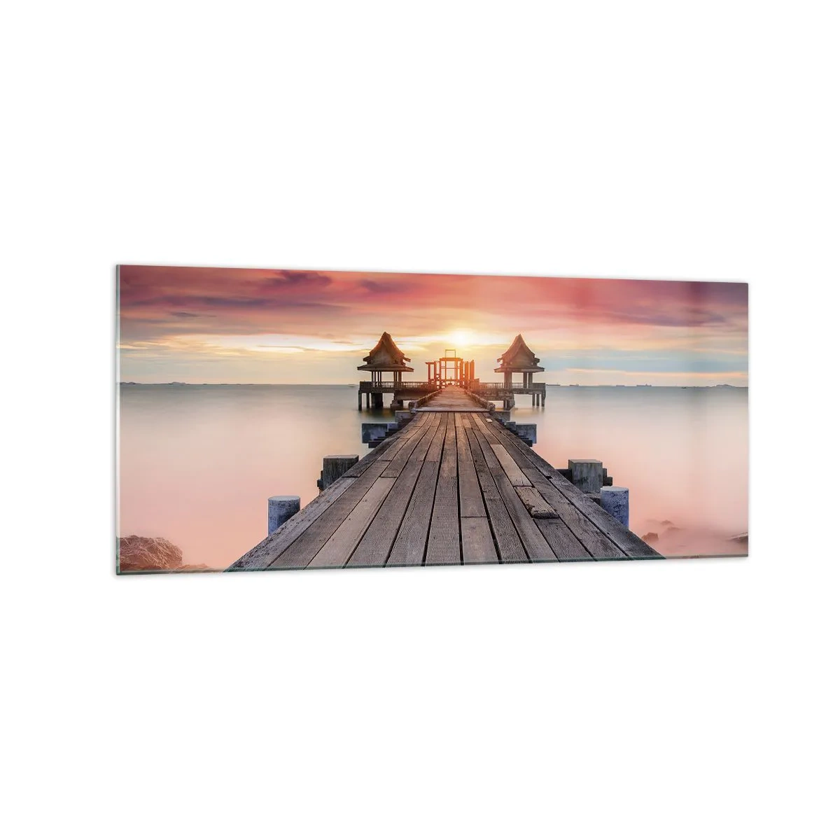 Glasbild - Bild auf glas - Holzsteg führt zu Pavillons bei Sonnenuntergang - 120x50cm - Westen im Osten - Moderne Wanddekoration für Wohnzimmer und Schlafzimmer ARTTOR