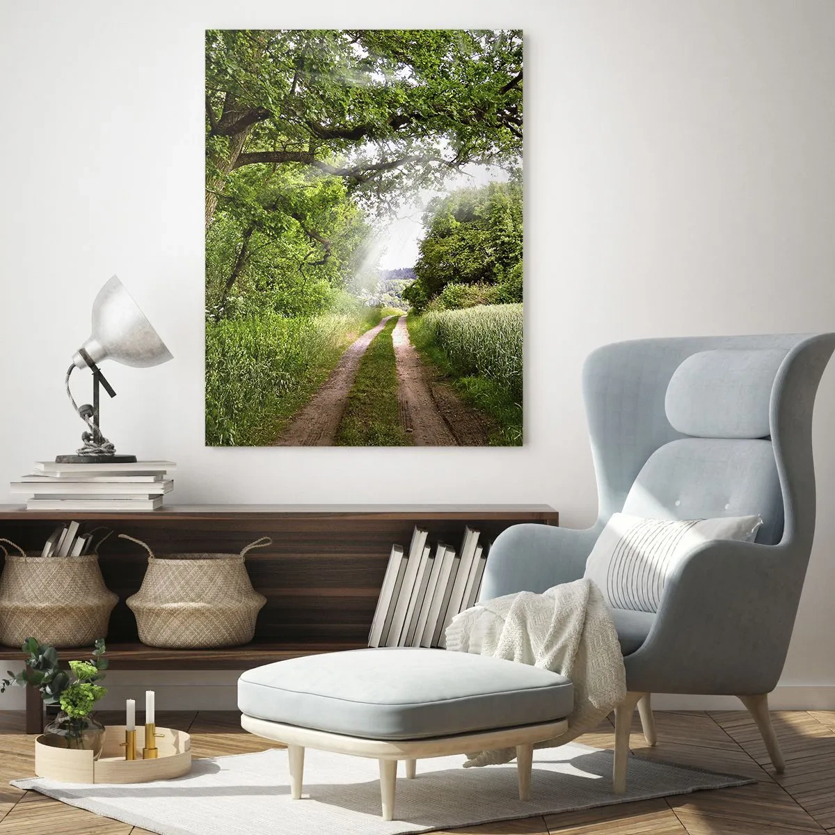 Glasbild - Bild auf glas - Eine unbefestigte Straße zwischen grünen Bäumen und Sonnenlicht - 80x120cm - Et in Arcadia ego - Moderne Wanddekoration für Wohnzimmer und Schlafzimmer ARTTOR