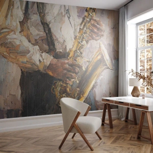 Fototapete Standard Eco - Ein Musiker, der Saxophon im impressionistischen Stil spielt - 100x70cm - Zeit fürs Solo - Moderne Wanddekoration für Wohnzimmer und Schlafzimmer ARTTOR