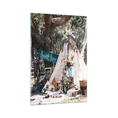 Glasbild - Bild auf glas - Boho-Dekoration mit einem Tipi im Wald - 70x100cm - Liebe machen ... - Moderne Wanddekoration für Wohnzimmer und Schlafzimmer ARTTOR