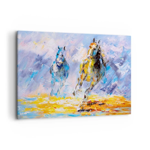 Bild auf Leinwand - Leinwandbild - Zwei Pferde in Bewegung vor dem Hintergrund einer abstrakten Landschaft - 100x70cm - Galopp durch die Blendung - Moderne Wanddekoration für Wohnzimmer und Schlafzimmer ARTTOR