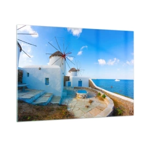 Glasbild - Bild auf glas - Windmühlen an der Ägäisküste - 100x70cm - Der blaue Wind vom Meer - Moderne Wanddekoration für Wohnzimmer und Schlafzimmer ARTTOR