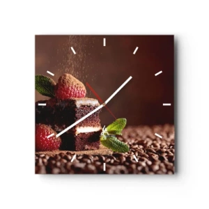Wanduhr - Glasuhr - Schokoladenkuchen mit Himbeeren und Minze auf einem Hintergrund aus Kakaobohnen - 30x30cm - Das Leben ist süß - Moderne Wanddekoration für Wohnzimmer und Schlafzimmer ARTTOR