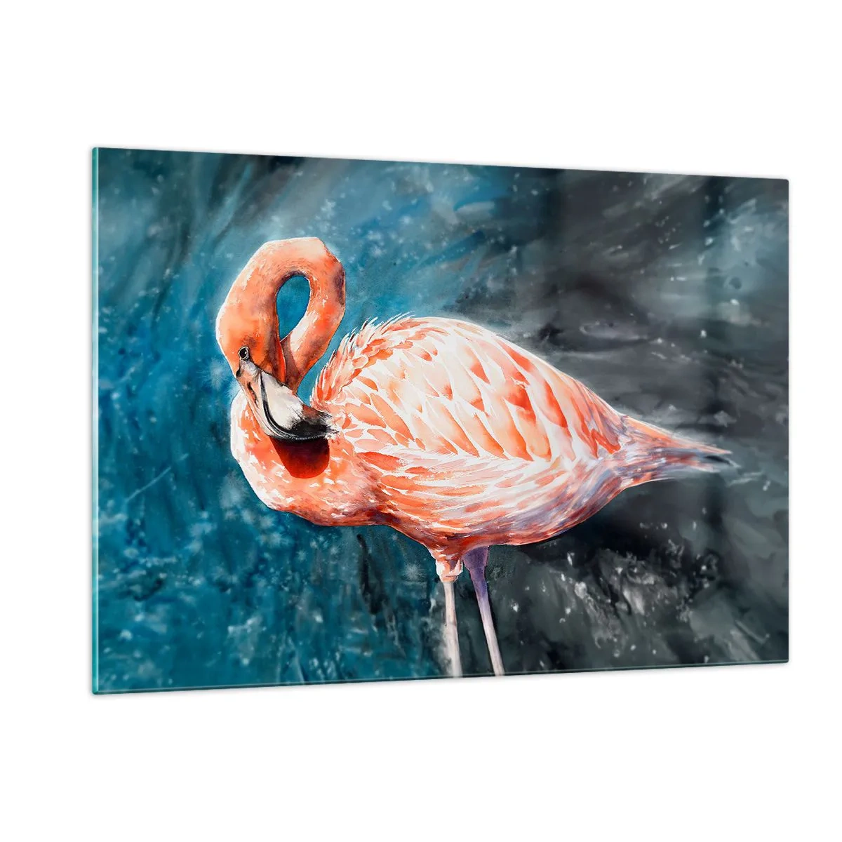 Glasbild - Bild auf glas - Ein rosa Flamingo vor einem blauen Aquarellhintergrund - 120x80cm - Von Natur aus dekorativ - Moderne Wanddekoration für Wohnzimmer und Schlafzimmer ARTTOR