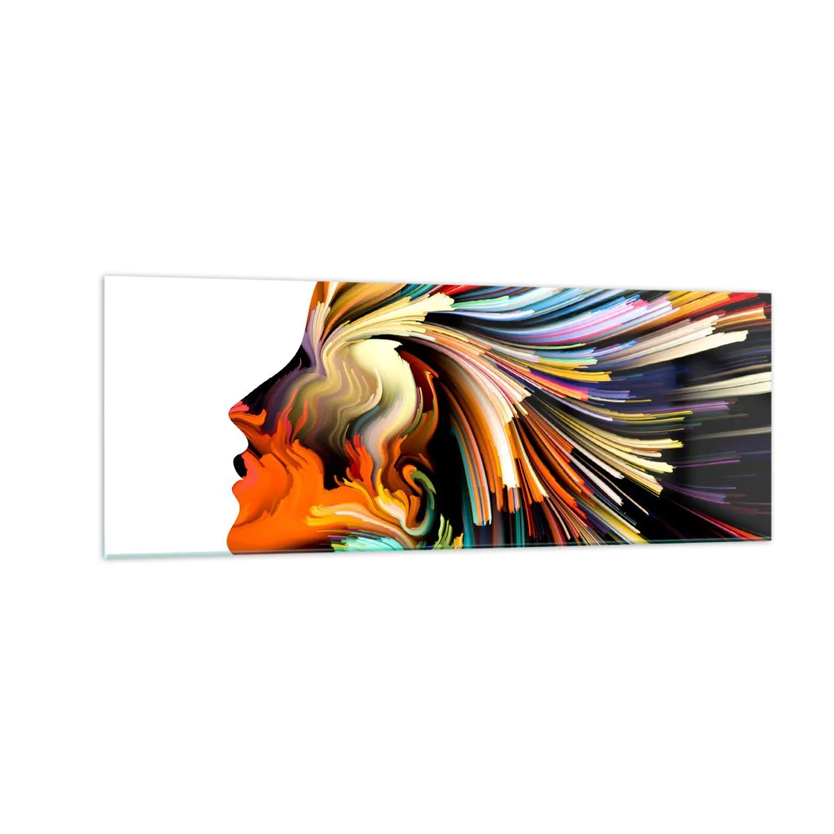 Glasbild - Bild auf glas - Abstraktes Gesichtsprofil mit bunten dynamischen Linien. - 140x50cm - Eine Explosion der Fantasie - Moderne Wanddekoration für Wohnzimmer und Schlafzimmer ARTTOR