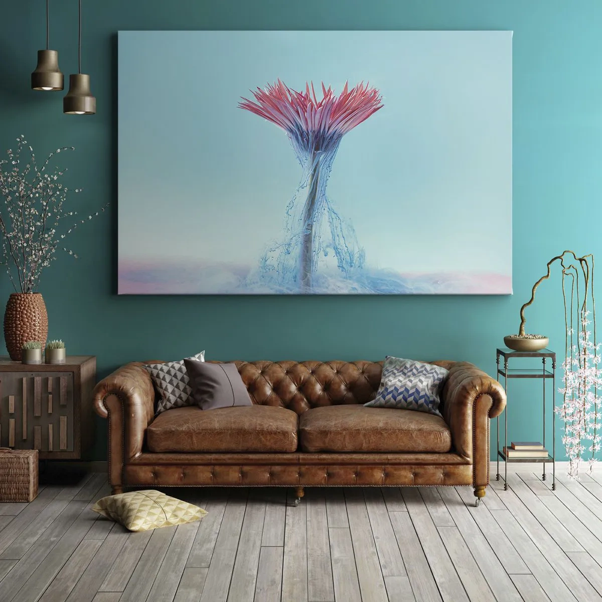 Bild auf Leinwand - Leinwandbild - Eine rosa und blaue Blume in einem künstlerischen Arrangement vor einem pastellfarbenen Hintergrund - 70x50cm - In einer belebenden Umarmung - Moderne Wanddekoration für Wohnzimmer und Schlafzimmer ARTTOR