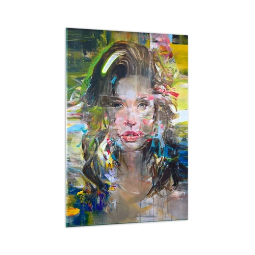 Glasbild - Bild auf glas - Abstraktes Frauenporträt in intensiven Farben - 70x100cm - Hinter der Luft ein Vorhang - Moderne Wanddekoration für Wohnzimmer und Schlafzimmer ARTTOR