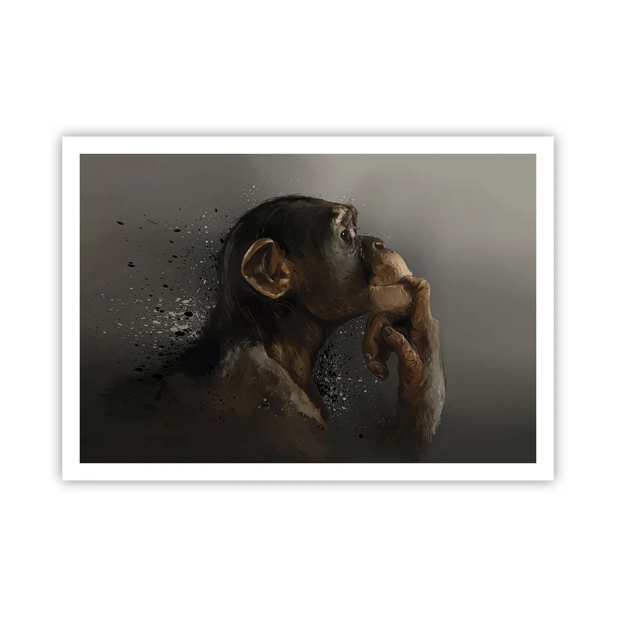 Poster - Porträt eines Affen in nachdenklicher Pose vor grauem Hintergrund - 100x70cm - Sicherlich ein Denker - Moderne Wanddekoration für Wohnzimmer und Schlafzimmer ARTTOR