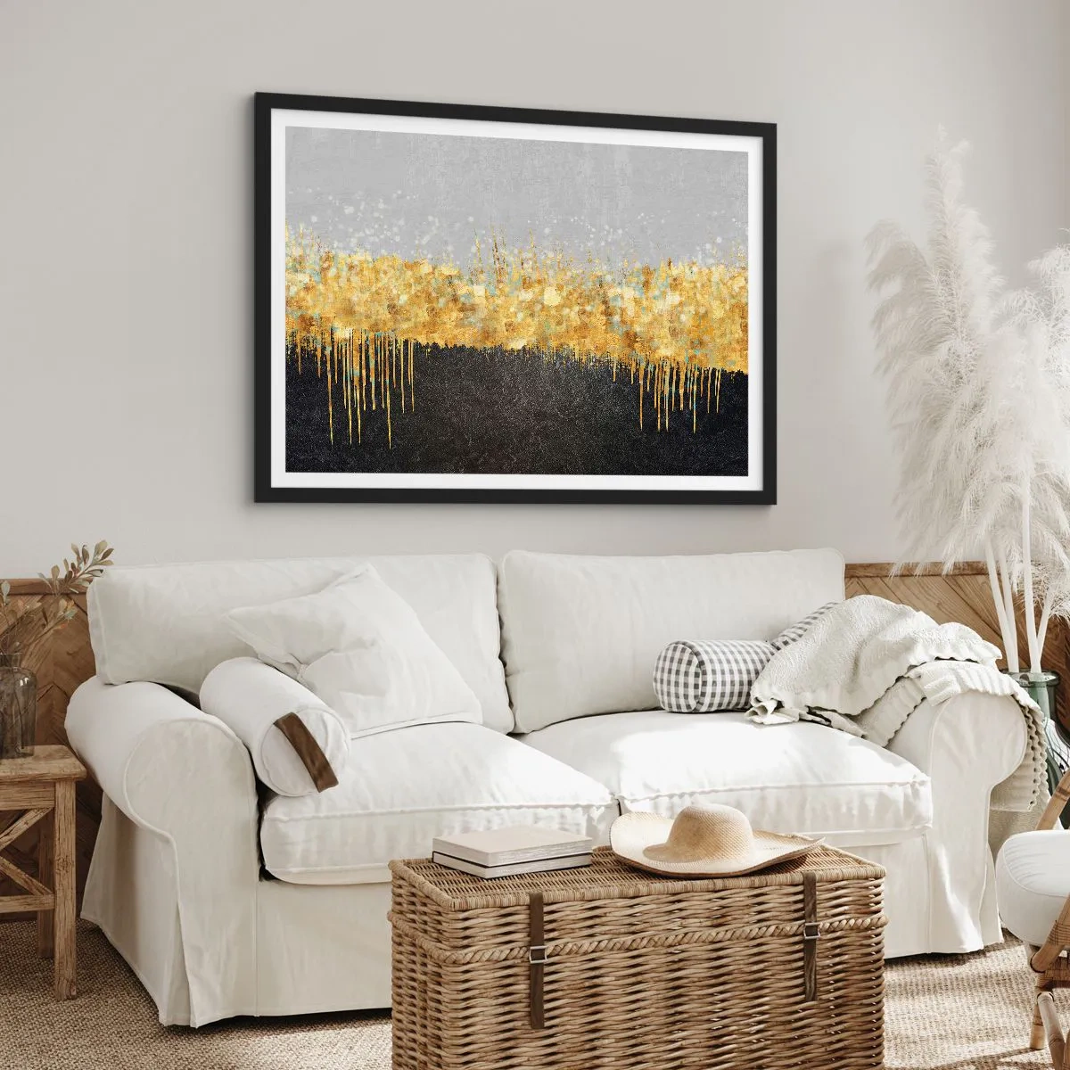 Poster in einem schwarzem Rahmen - Abstrakte Komposition in Gold- und Schwarztönen - 70x50cm - Nach innen und nach oben - Moderne Wanddekoration für Wohnzimmer und Schlafzimmer ARTTOR