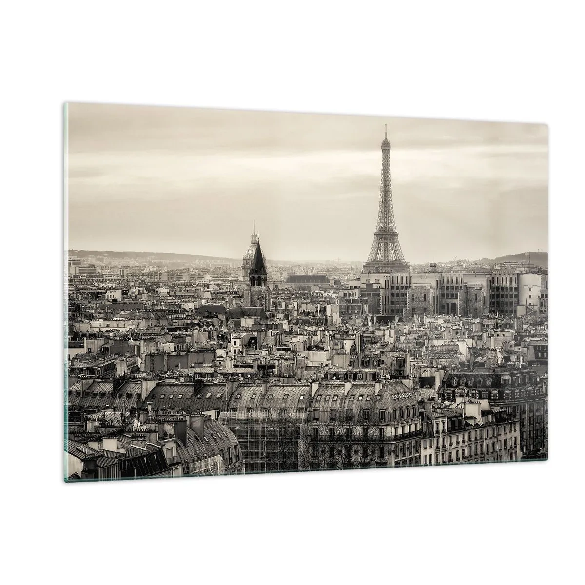 Glasbild - Bild auf glas - Ein Panorama von Paris mit Blick auf den Eiffelturm in Sepiatönen - 120x80cm - Über den Dächern von Paris - Moderne Wanddekoration für Wohnzimmer und Schlafzimmer ARTTOR