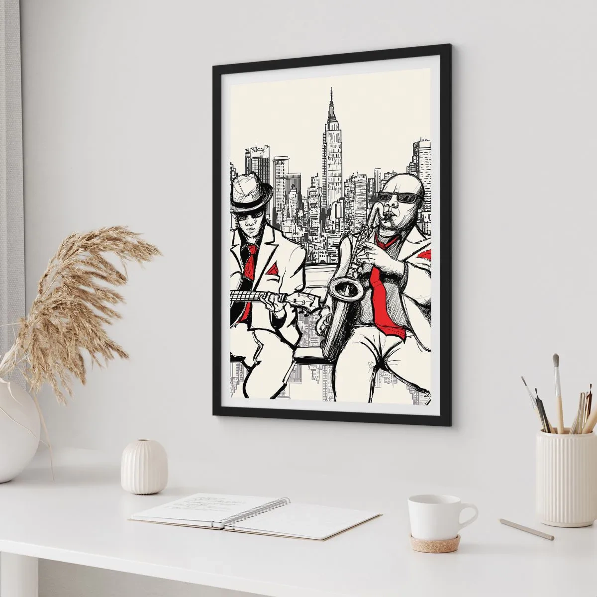 Poster in einem schwarzem Rahmen - Zwei Jazzmusiker vor der Kulisse der Skyline der Stadt - 50x70cm - New Yorker Improvisation - Moderne Wanddekoration für Wohnzimmer und Schlafzimmer ARTTOR