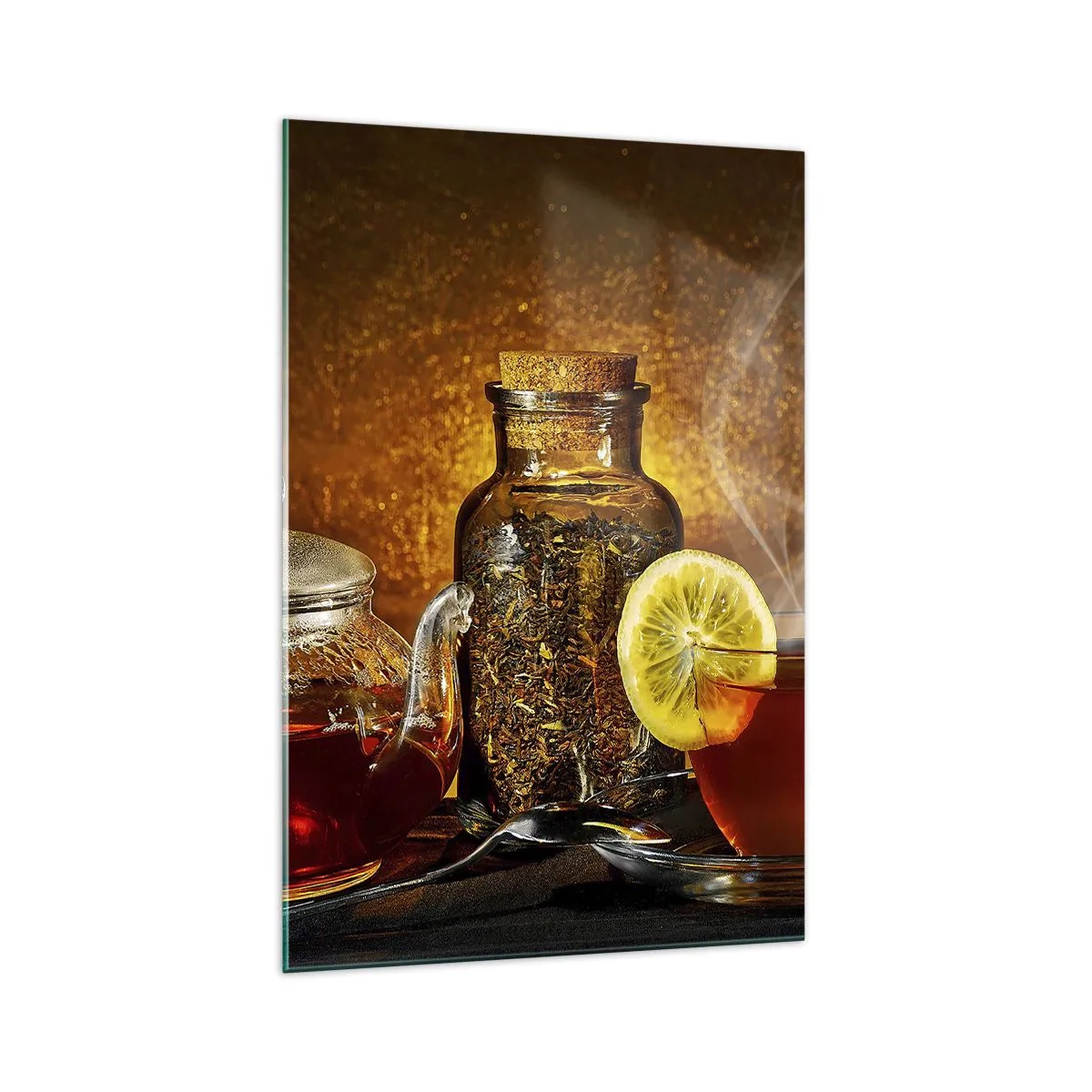 Glasbild - Bild auf glas - Tee in einer Glaskanne mit Zitrone und losem Tee - 70x100cm - Im Stil der niederländischen Meister - Moderne Wanddekoration für Wohnzimmer und Schlafzimmer ARTTOR