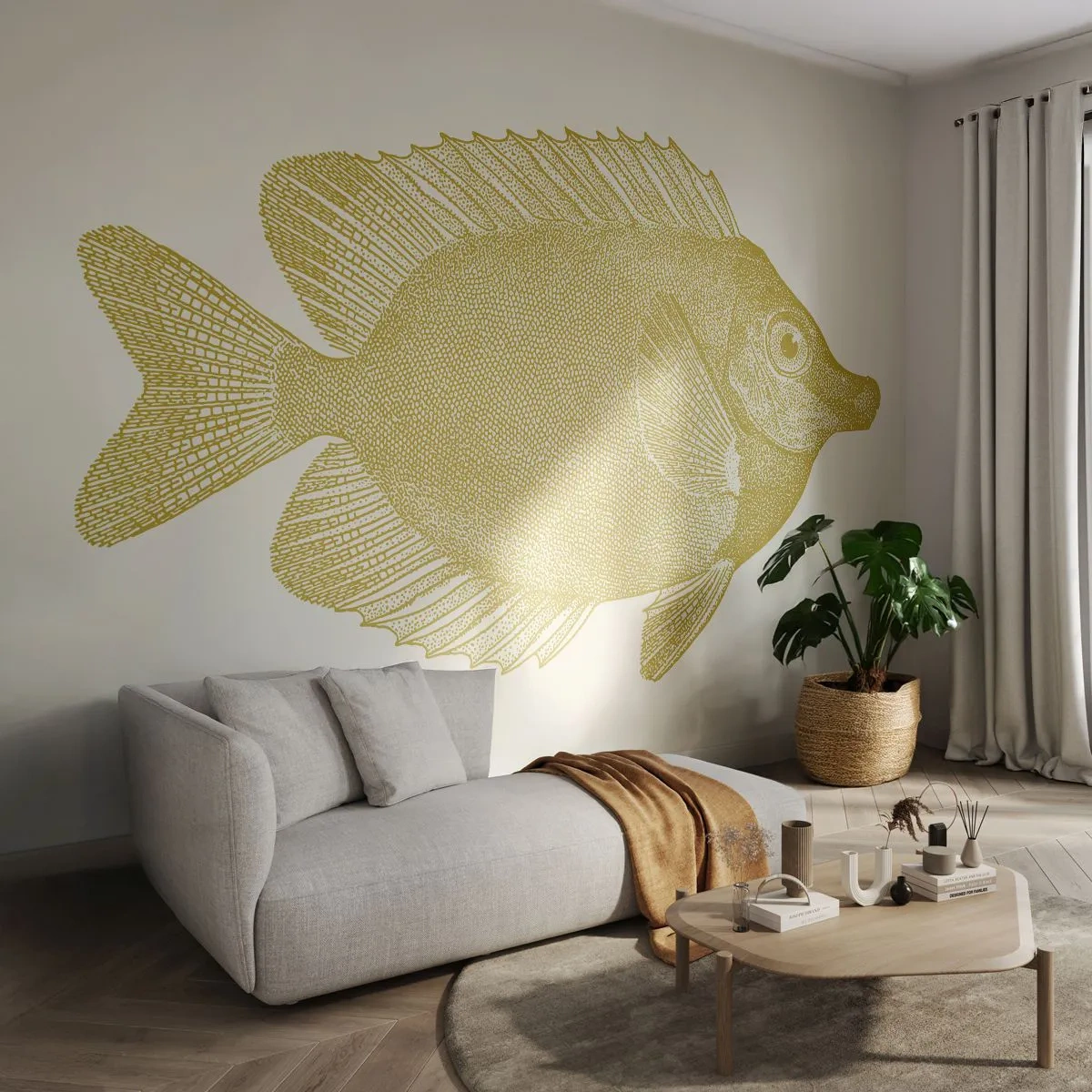 Fototapete Premium Sand - Vintage Goldfisch auf hellem Hintergrund - 100x70cm - Fisch und das war’s - Moderne Wanddekoration für Wohnzimmer und Schlafzimmer ARTTOR