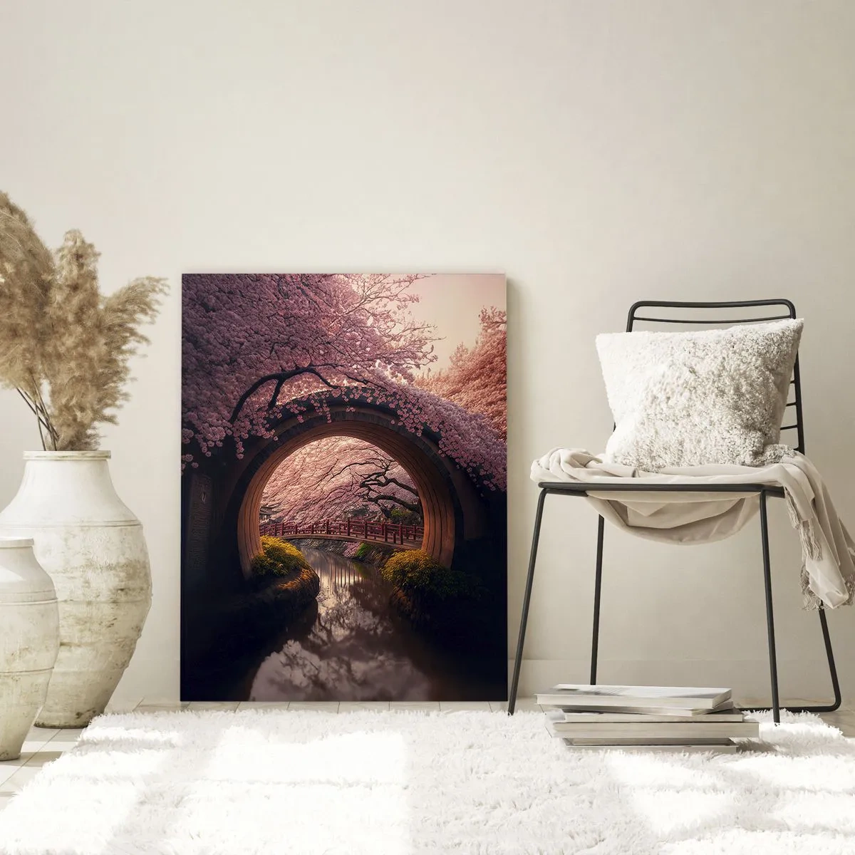 Glasbild - Bild auf glas - Eine traditionelle japanische Brücke, umgeben von Kirschblüten - 80x120cm - Japanischer Frühling - Moderne Wanddekoration für Wohnzimmer und Schlafzimmer ARTTOR