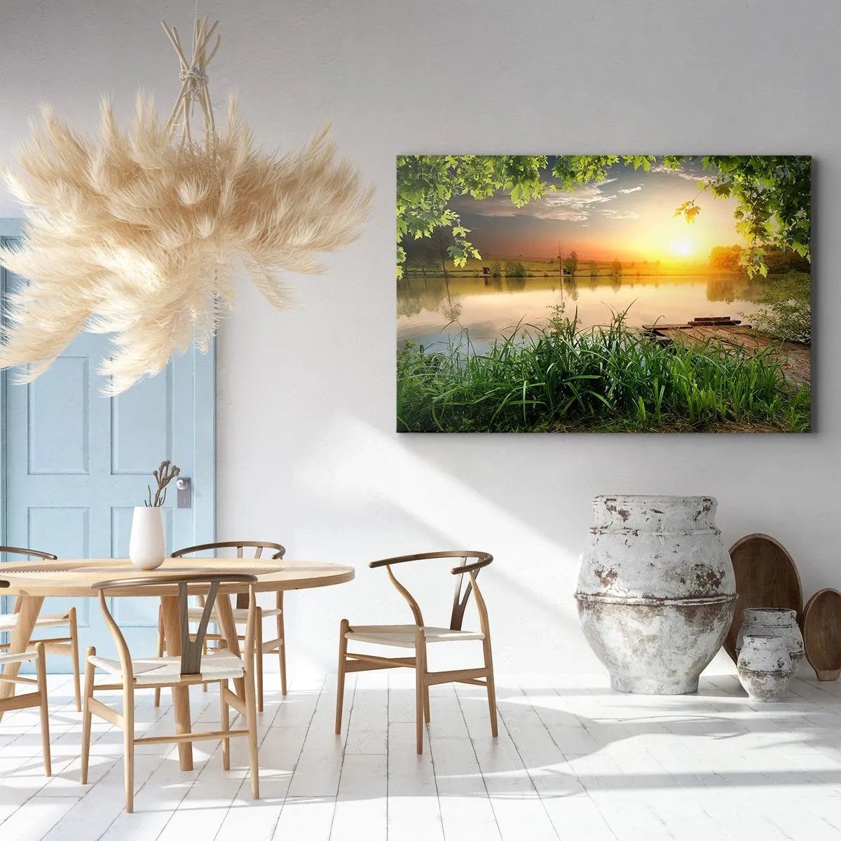 Bild auf Leinwand - Leinwandbild - Grüne Landschaft mit einem See bei Sonnenuntergang - 120x80cm - Landschaft in einem grünen Rahmen - Moderne Wanddekoration für Wohnzimmer und Schlafzimmer ARTTOR