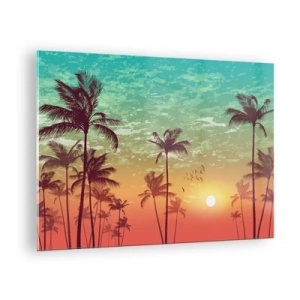 Glasbild - Bild auf glas - Illustration von Palmen bei Sonnenuntergang - 70x50cm - Tropische Stimmung - Moderne Wanddekoration für Wohnzimmer und Schlafzimmer ARTTOR