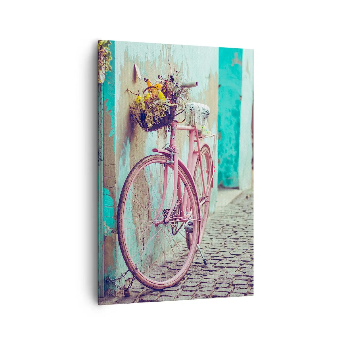 Bild auf Leinwand - Leinwandbild - Ein rosa Fahrrad neben einer türkisfarbenen Tür - 80x120cm - Ich komme gleich wieder - Moderne Wanddekoration für Wohnzimmer und Schlafzimmer ARTTOR