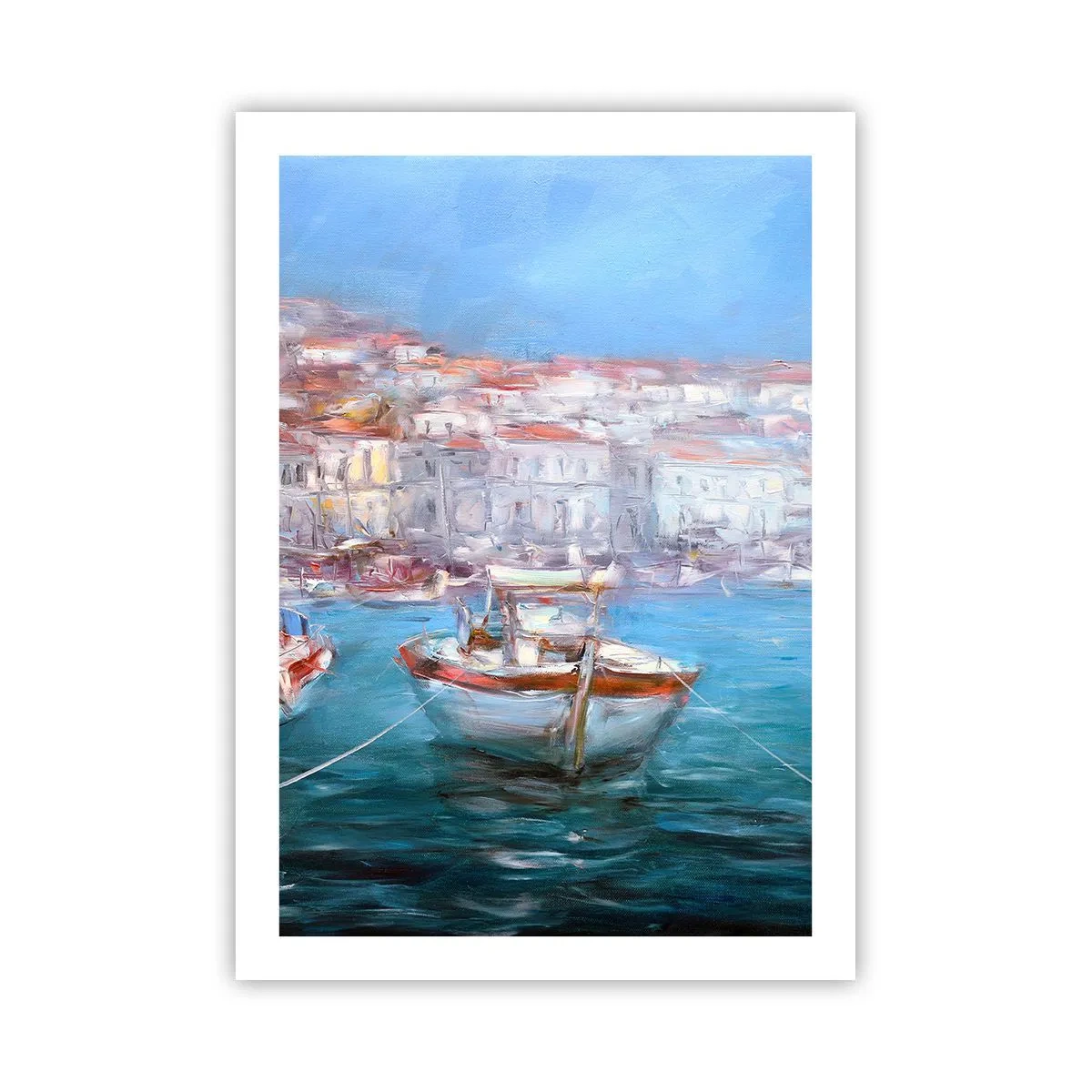Poster - Ein Boot im Hafen, mit Blick auf die Stadt - 50x70cm - Italienische Bucht - Moderne Wanddekoration für Wohnzimmer und Schlafzimmer ARTTOR