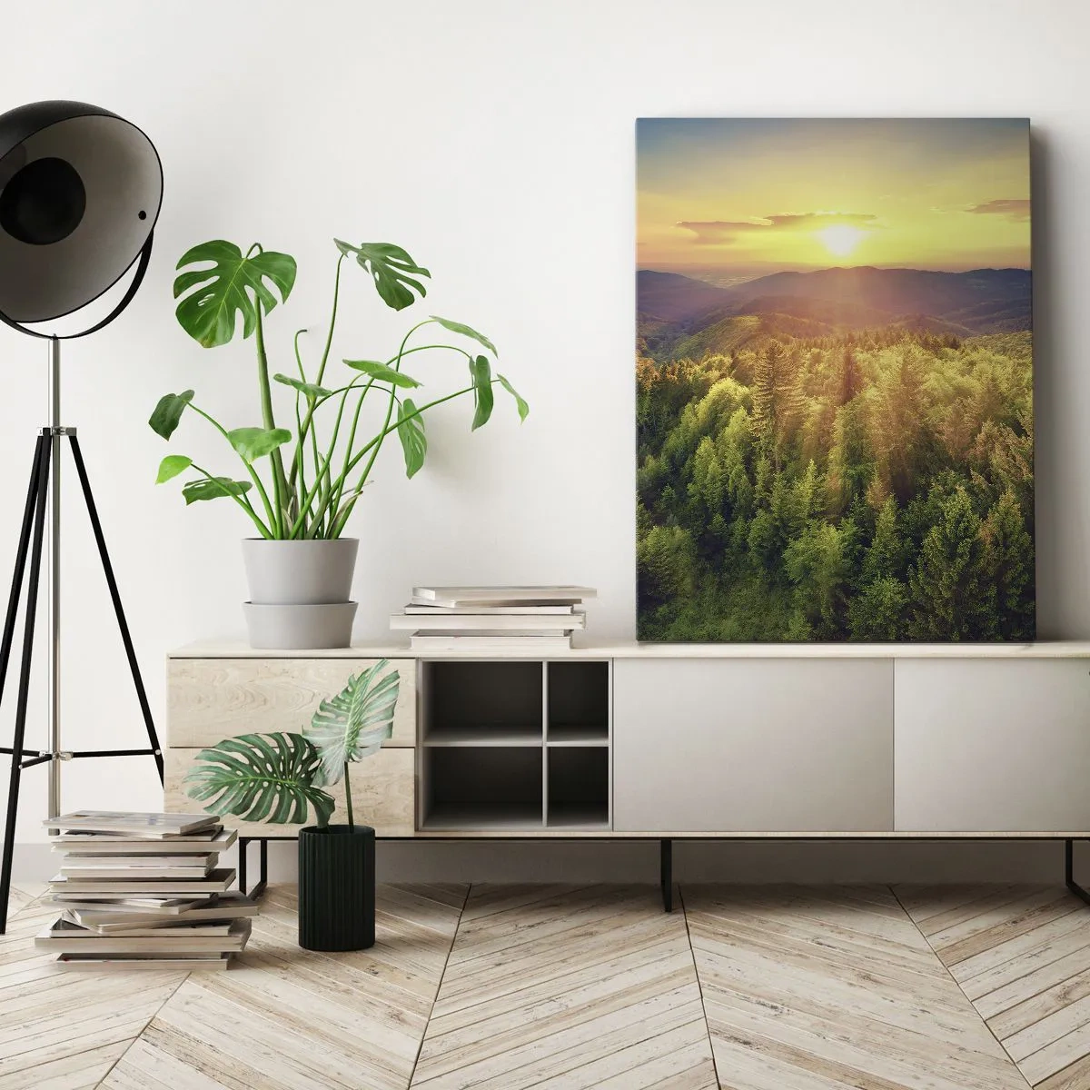 Bild auf Leinwand - Leinwandbild - Waldlandschaft mit Sonnenuntergang über den Hügeln - 50x70cm - Scheitelpunkte und Spitzen - Moderne Wanddekoration für Wohnzimmer und Schlafzimmer ARTTOR