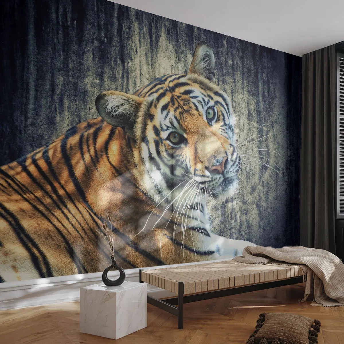 Fototapete Premium Sand - Portrait in Lichtstrahlen - Tiere, Tiger, Afrika - 100x70 cm