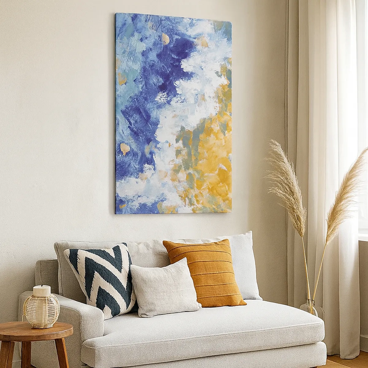 Bild auf Leinwand - Leinwandbild - Abstraktion in Blau-, Weiß- und Goldtönen - 50x70cm - Tanz der Naturelemente - Moderne Wanddekoration für Wohnzimmer und Schlafzimmer ARTTOR