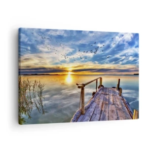 Bild auf Leinwand - Leinwandbild - Holzsteg über dem See bei Sonnenuntergang - 70x50cm - Der Wind geht zur Ruhe - Moderne Wanddekoration für Wohnzimmer und Schlafzimmer ARTTOR