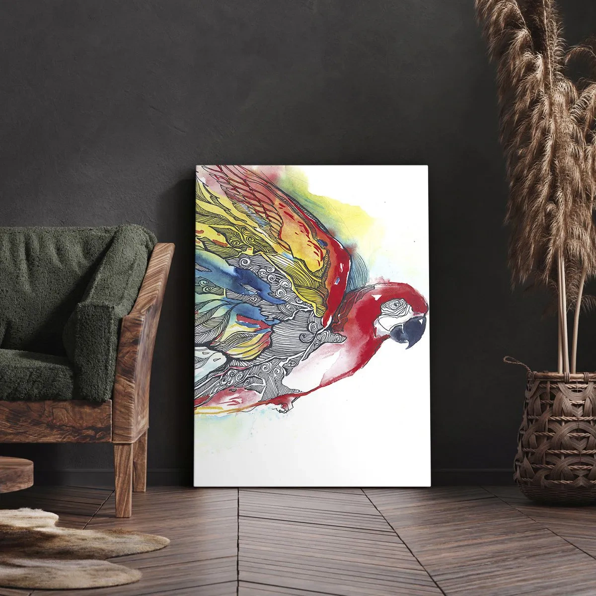 Bild auf Leinwand - Leinwandbild - Ein bunter Papagei im Flug mit abstrakten Mustern auf seinen Flügeln. - 50x70cm - Leben Sie bunt - Moderne Wanddekoration für Wohnzimmer und Schlafzimmer ARTTOR