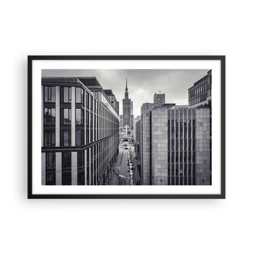 Poster in einem schwarzem Rahmen - Panorama von Warschau mit Blick auf den Kulturpalast und die umliegenden Gebäude - 70x50cm - Warschauer Tal - Moderne Wanddekoration für Wohnzimmer und Schlafzimmer ARTTOR