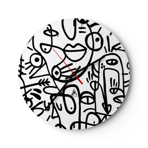 Wanduhr - Glasuhr - Abstrakte Strichzeichnungen Gesichter auf weißem Hintergrund - 30x30cm - Gesichter und Luftspiegelungen - Moderne Wanddekoration für Wohnzimmer, Küche und Schlafzimmer ARTTOR