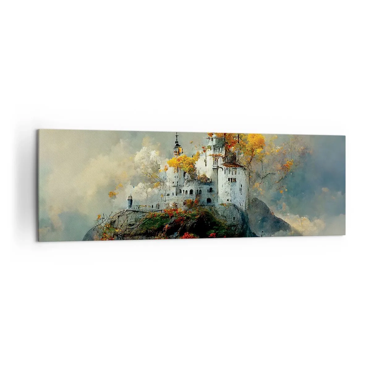Bild auf Leinwand - Leinwandbild - Ein Schloss auf einem Hügel, umgeben von herbstlichen Bäumen - 160x50cm - Beginn einer romantischen Geschichte - Moderne Wanddekoration für Wohnzimmer und Schlafzimmer ARTTOR